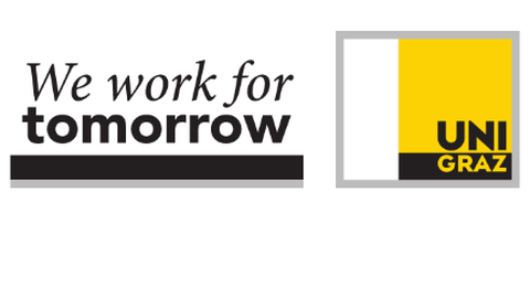 Das Logo der Universität Graz mit dem Schriftzug "We work for tomorrow" und "UNI GRAZ" in schwarz-gelber Färbung.