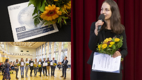 Collage aus drei Fotos - auf dem ersten ist eine Urkunde mit einem Blumenstrauß, auf dem zweiten ein Gruppenfoto aller Preisträger und auf dem dritten ist Ianina Scheuch bei einer Rede vor einem roten Samtvorhang zu sehen