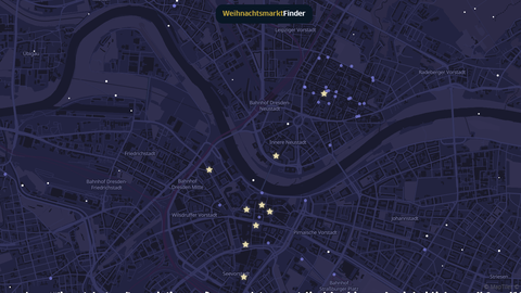 Gezeigt wird die Webanwendung eines Weihnachtsmarktfinders in Dresden