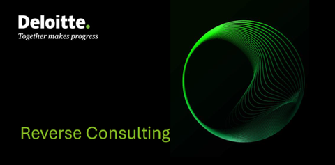 Zu sehen ist ein schwarzer Hintergrund mit hellem Logo von Deloitte und dem Schriftzug Reverse Consulting