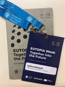 Zu sehen ist der Teilnehmerausweis für die EUTOPIA Week in Venedig 2025