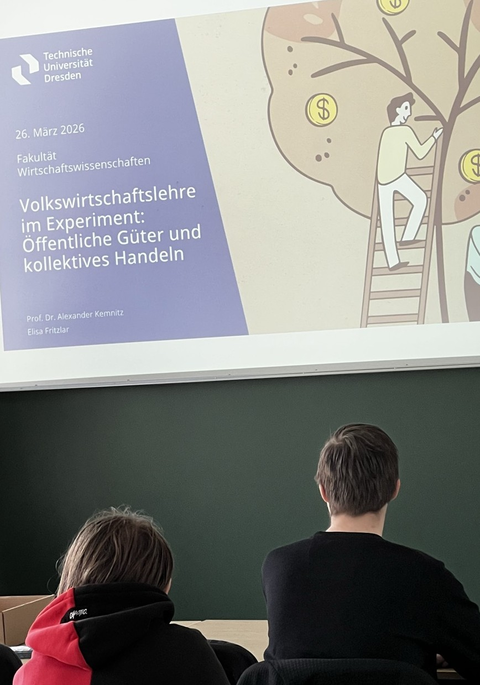 Zu sehen ist ein Beamerbild in einem Vorlesungsraum