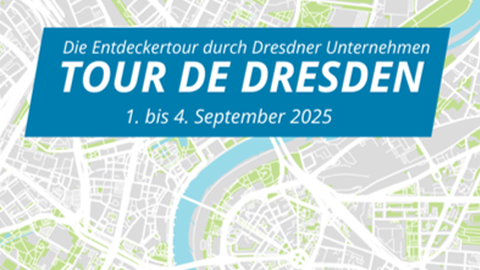 Zu sehen ist der Stadtplan von Dresden und der Schriftzug Tour de Dresden
