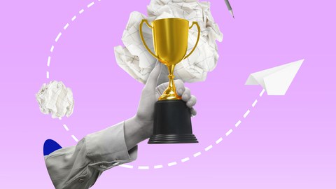 Zu sehen ist ein Hand vor pinkem Hintergrund, die einen Pokal in die Höhe hebt. 