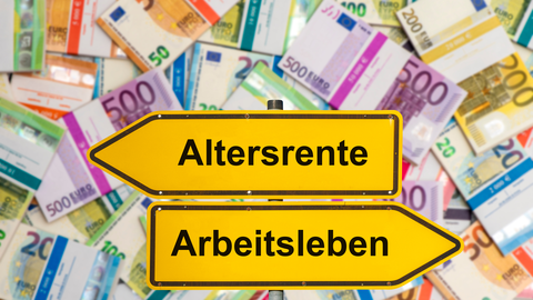 Zu sehen sind Geldscheine und die Worte Altersrente und Arbeitsleben 