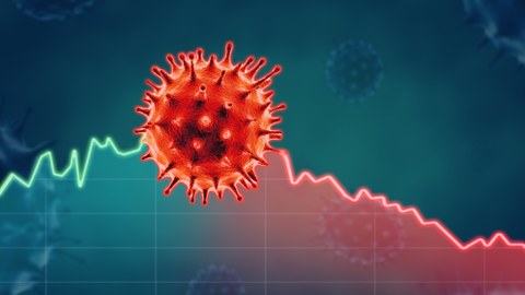 Zu sehen ist eine Konjunkturkurve und in roter Farbe das Corona-Virus