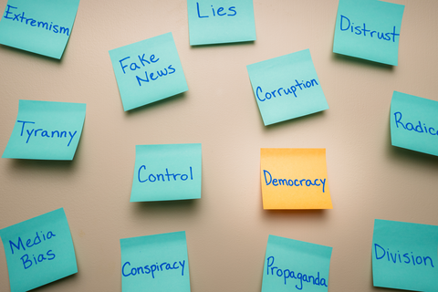 Zu sehen sind viele Klebezettel mit Begriffen drauf, die sich mit Demokratie und Polulismus beschäftigen  