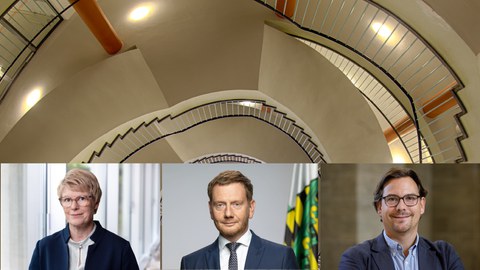 Es sind Veronika Grimm, Michael Kretschmer und Christian Leßmann zu sehen.