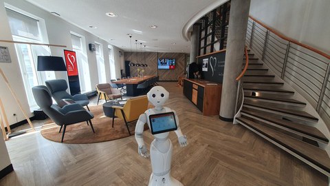 Man sieht Pepper, einen Roboter. Dieser wird im WPA von Finanzwirtschaft und der OSD verwendet.