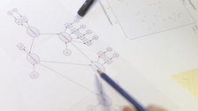 Zwei Personen arbeiten an einem Flussdiagramm. Nur ihre Hände sind zu sehen