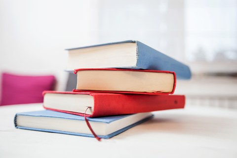 Das Foto zeigt mehrere Bücher, die aufeinander gestapelt sind