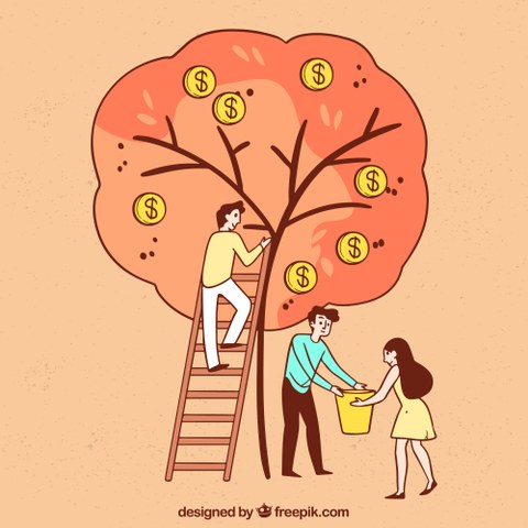 Man sieht einen Baum mit Dollarmünzen als Früchte. Personen nehmen Früchte vom Baum oder hängen sie auf.