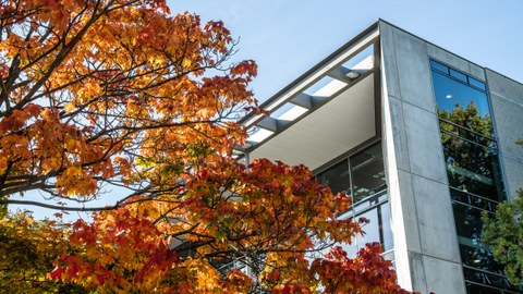 Hörsaalzentrum mit Baum in Herbstfärbung