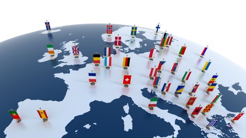 Graphic of a part of the globe with flags.