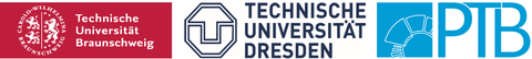 Logos der TU Braunschweig, Dresden und der Physikalisch-Technischen Bundesanstalt Braunschweig und Berlin