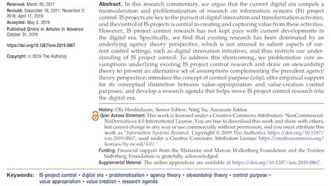 Bildschirmfoto des Artikels "Moving IS Project control Research into the Digital Era" in der Zeitschrift Information Systems Research