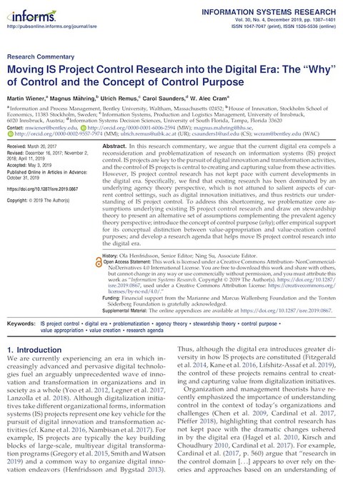 Bildschirmfoto des Artikels "Moving IS Project control Research into the Digital Era" in der Zeitschrift Information Systems Research