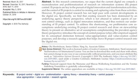 Bildschirmfoto des Artikels "Moving IS Project control Research into the Digital Era" in der Zeitschrift Information Systems Research