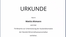 Förderpreis zur Unterstützung der Auslandskontakte 2022 Mattis Altmann