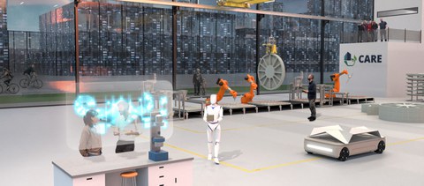 automatisierte Fertigungsstrecke, modernes Baustoffprüflabor mit Glasfassade