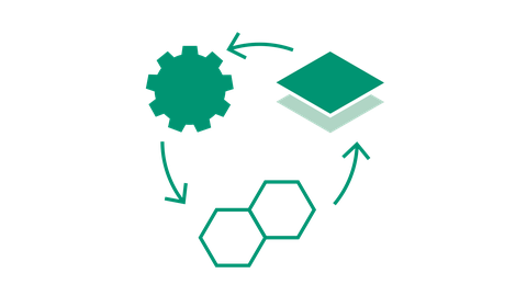 Icon des Forschungsthemas RA3-1 Zirkulär automatisierte Konstruktion – Kreislauf aus Material, Struktur und Produktion (dargestellt durch ein Zahnrad)