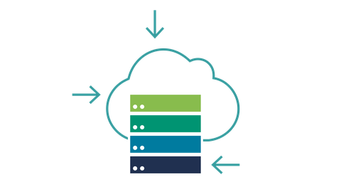 Icon des Forschungsthemas RA4-1 Datenerfassung, -integration und -darstellung – dargestellt durch einen Servertower in den Farben der RA1, 2, 3, 5 im Hintergrund eine Cloud und Eingangspfeile in der RA4-Farbe