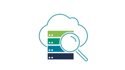 Icon des Forschungsthemas RA4-2 Datenanalyse – dargestellt durch einen Servertower in den Farben der RA1, 2, 3, 5 im Hintergrund eine Cloud und im Vordergrund eine Lupe in der RA4-Farbe