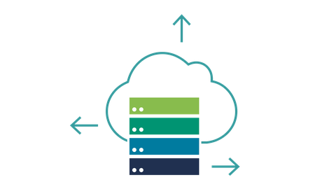 Icon des Forschungsthemas RA4-3 Datensynthese – dargestellt durch einen Servertower in den Farben der RA1, 2, 3, 5 im Hintergrund eine Cloud und Ausgangspfeile in der RA4-Farbe