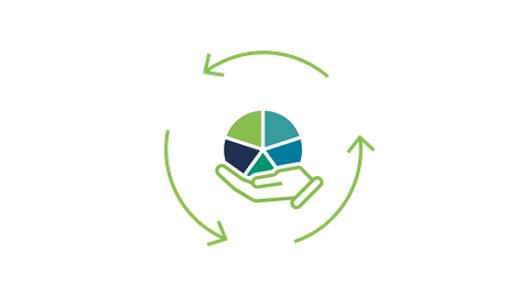 Icon des Forschungsthemas RA5-2 Zirkularität und Ressourcen-Nexus – dargestellt durch einen Kreis aus 5 Segmenten in den Farben der RA1, 2, 3, 4, 5 getragen von einer Hand in RA5-Farbe, von kreisförmigen Pfeilen umrundet