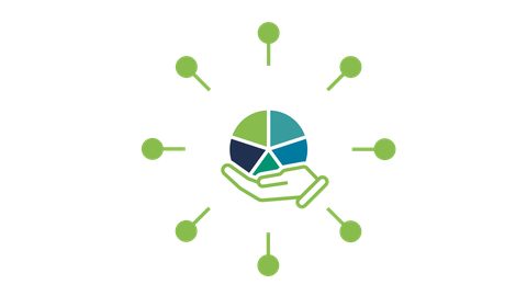 Icon des Forschungsthemas RA5-3 Menschzentrierte Nachhaltigkeitsfaktoren – dargestellt durch einen Kreis aus 5 Segmenten in den Farben der RA1, 2, 3, 4, 5 getragen von einer Hand in RA5-Farbe, von umringt von symbolischen Stakeholdern
