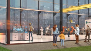 People stand in front of a glass hall where a production line with robotic arms is manufacturing concrete components; a humanoid robot is walking, and scientists are conducting experiments.