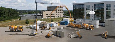 Eine Baustelle mit vielen Baugeräten wie Kränen, Betonmischern und Robotern, die alle digital vernetzt sin dund miteinander kommunizieren