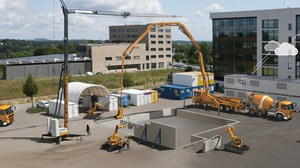 A construction site with numerous construction machines such as cranes, concrete mixers, and robots, all digitally connected and communicating with each other.
