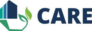 Logo CARE: Haus aus dessem Fundamentein Ast mit zwei Blättern wächst und die Aufschrift CARE