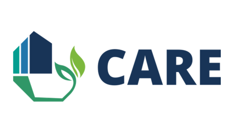 CAREs Logo: Haus mit Pflanze in den 5 Farben der CARE RAs