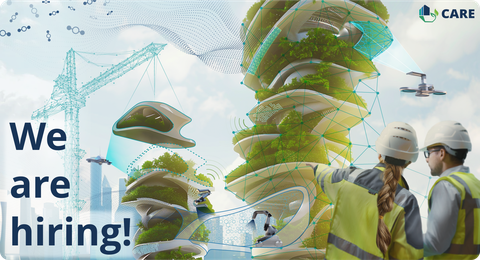 Green organic towers with people wearing hard hats in the foreground, drones visible in the sky