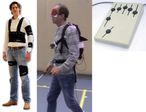 Haptic Bodywear (Links) System zur Warnung vor Hindernissen. (Mitte) Demonstrator eines Telefons für Taubblinde. (Rechts)