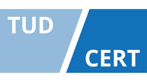Logo des CERT - Wort-Bild-Komposition mit den beiden Abkürzungen TUD und CERT auf blauem Grund