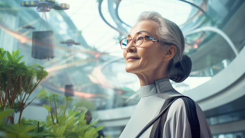 grafische Darstellung einer Frau in futuristischer Innenumgebung. Im Hintergrund fliegt eine Baudrohne.