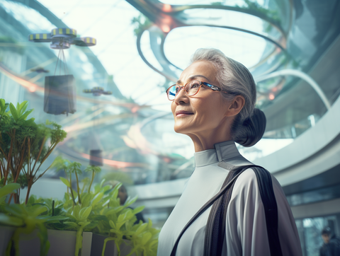 grafische Darstellung einer Frau in futuristischer Innenumgebung. Im Hintergrund fliegt eine Baudrohne.