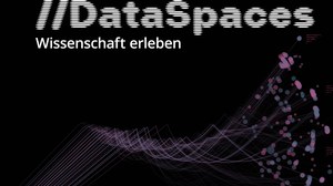 Plakat DataSpaces mit schwarzem Hintergrund und einer Datenvisualisierung aus Punkten und Strichen in Magenta und Türkis