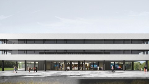 Visualisierung des geplanten Baukörpers; Ansicht der Eingangsfassade des Gebäudes 
