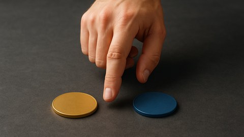 Eine menschliche Hand schwebt über zwei Münzen auf dunklem Hintergrund, als würde sie eine Entscheidung zwischen den beiden treffen.