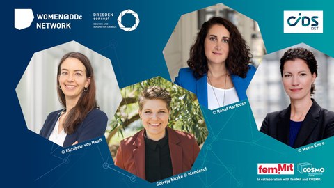 Digital Anthropologist and NY Times Bestselling Author Rahaf Harfoush, Solvejg Nitzke (Disrupt!Research, TUDiSC), Merle Emre (Dresden International University, TUDAG), and Elizabeth von Hauff (Fraunhofer FEP, TU Dresden). 