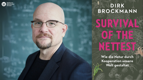 Auf dem Bild ist Dirk Brockmann zu sehen und das Cover seines Buches "Survival of the nettest"