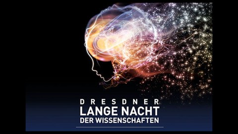 Plakat für die Dresdner Lange Nacht der Wissenschaften. Zeigt eine bunte Silhouette des Kopfes einer Person, die in winzigen Molekülen verschwindet.
