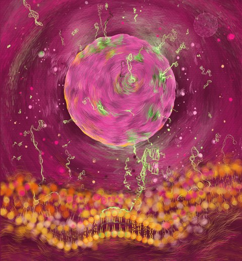 Ein Gemälde. Eine große rosa Kugel mit grünen Spiralen ist auf einem violetten Hintergrund zu sehen. Am unteren Rand des Bildes befindet sich eine orangefarbene Schicht, die ebenfalls mit grünen Spiralen verbunden ist.