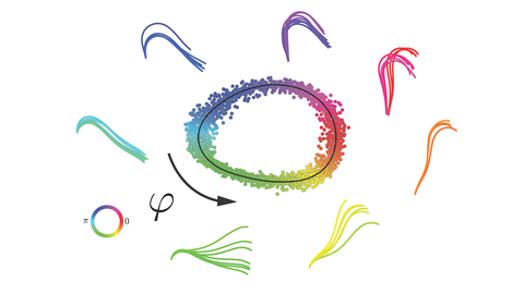 Eine wissenschaftliche Darstellung. Auf weißem Hintergrund ist in der Mitte ein ovales Muster aus kleinen, farbigen Punkten zu sehen. Die Punkte haben den Farbverlauf eines Regenbogen, der um das Oval verläuft.  Um das Oval herum befinden sich gebogene, überlagernde Linienbündel in den Farben, die sich auf gleicher Höhe im Kreis befinden - darunter Blau-, Lila-, Rot-, Orange-, Gelb- und Grüntöne. Unter dem Kreis zeigt ein gebogener Pfeil Bewegung von links nach rechts an. Neben dem Pfeil steht der griechische Buchstabe „φ“. Unten links ist ein Farbkreis mit denselben Regenbogenfarben wie das große Oval. Der Farbkreis hat die Beschriftung „π“ links und „0“ rechts. 