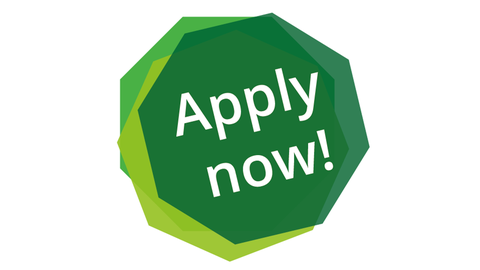 A badge made of three octagons that are on top of each other, each a bit angled than the other and each in different shade of green. The front octagon has a white text "Apply now!" on it.