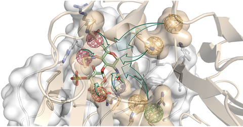 A white and yellow shaes in the background. In the foreground a stick atomic structure colored in green, red, and blue. Parts of that structure are embedded in red, green, yellow, and blue ball-like nets. There are green arrows pointing from the nets to the center of the stick atomic structure.